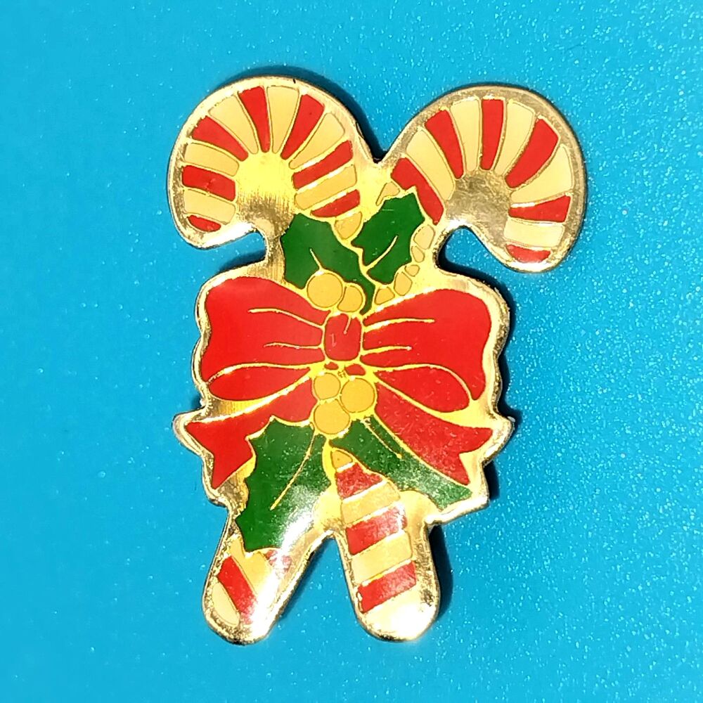Vintage Christmas Candy Cane Holly Bow Enamel Pin Brooch Holiday Collectible